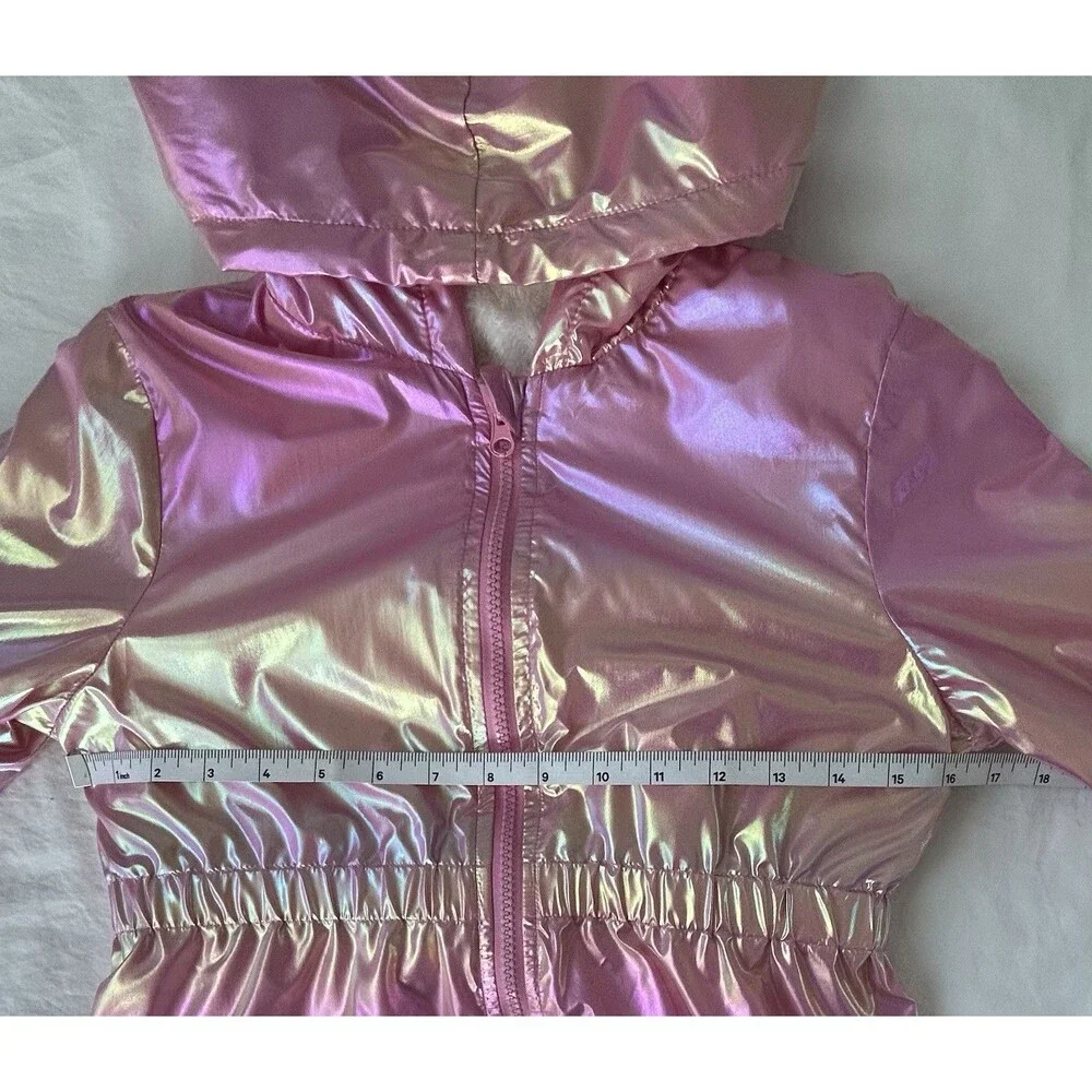 SHEIN Girls Shiny Pink Metallic Hooded Jacket, Size 10Y, Full Zip